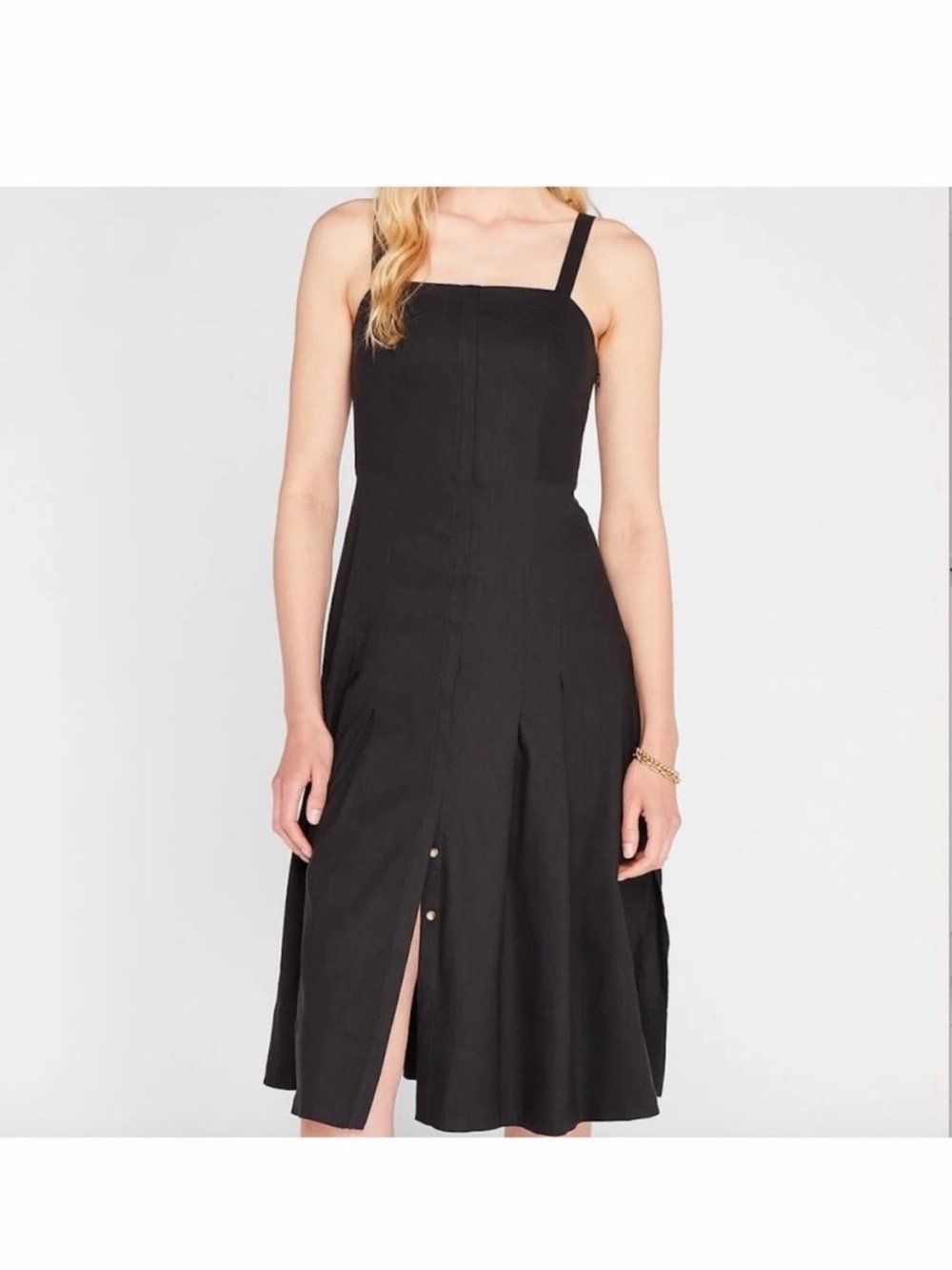 Club Monaco O-Ring Linen Black Square-Neck A-Line Midi Stretch Dress Size 8